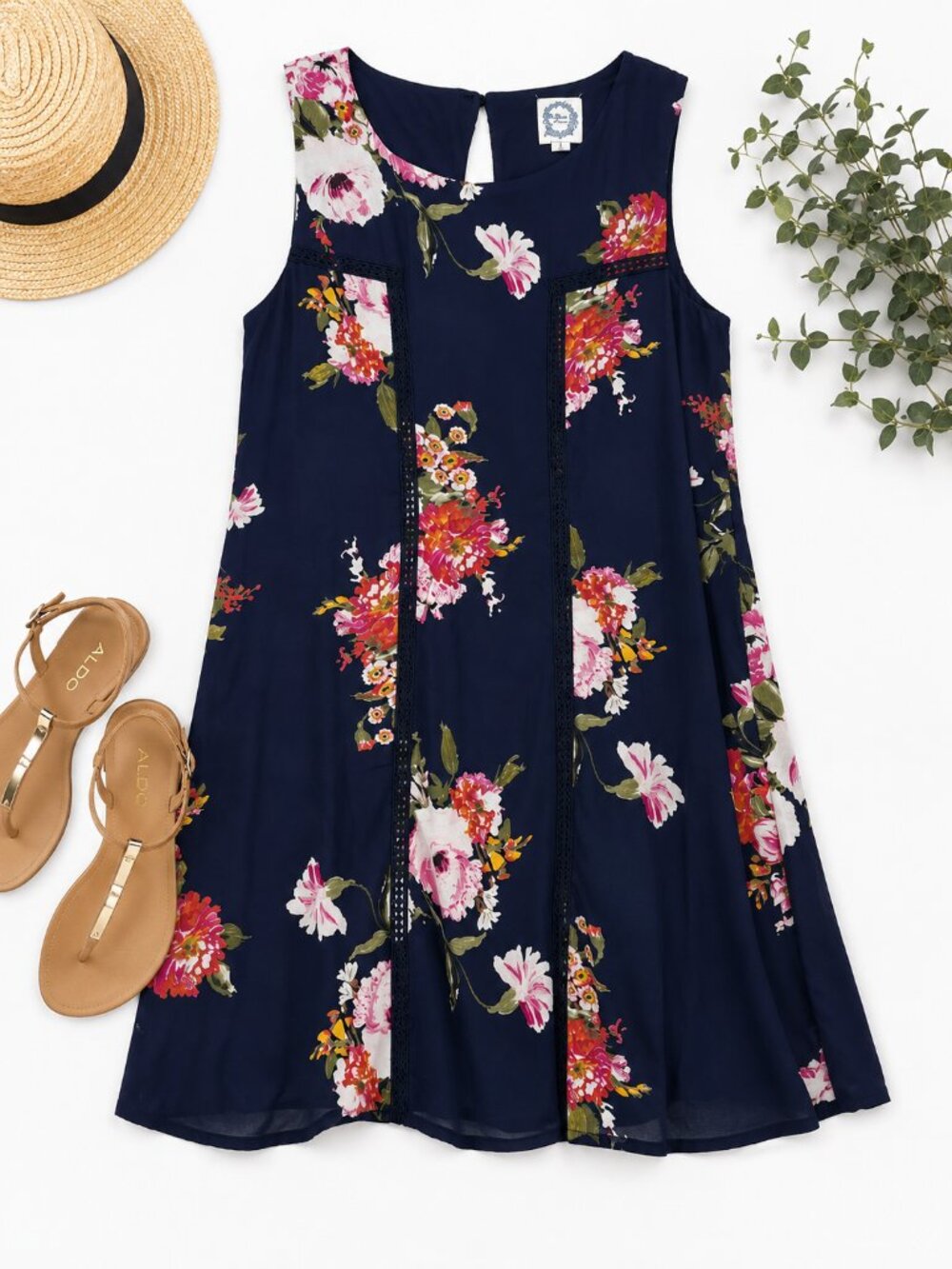 Blue Rain Size Large Navy Floral Sleeveless A-Line Dress Lace Trim